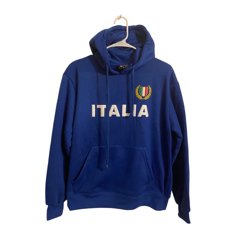 Blue Fleece Lined Hoodie Sweatshirt with "Italia" on the front Size L